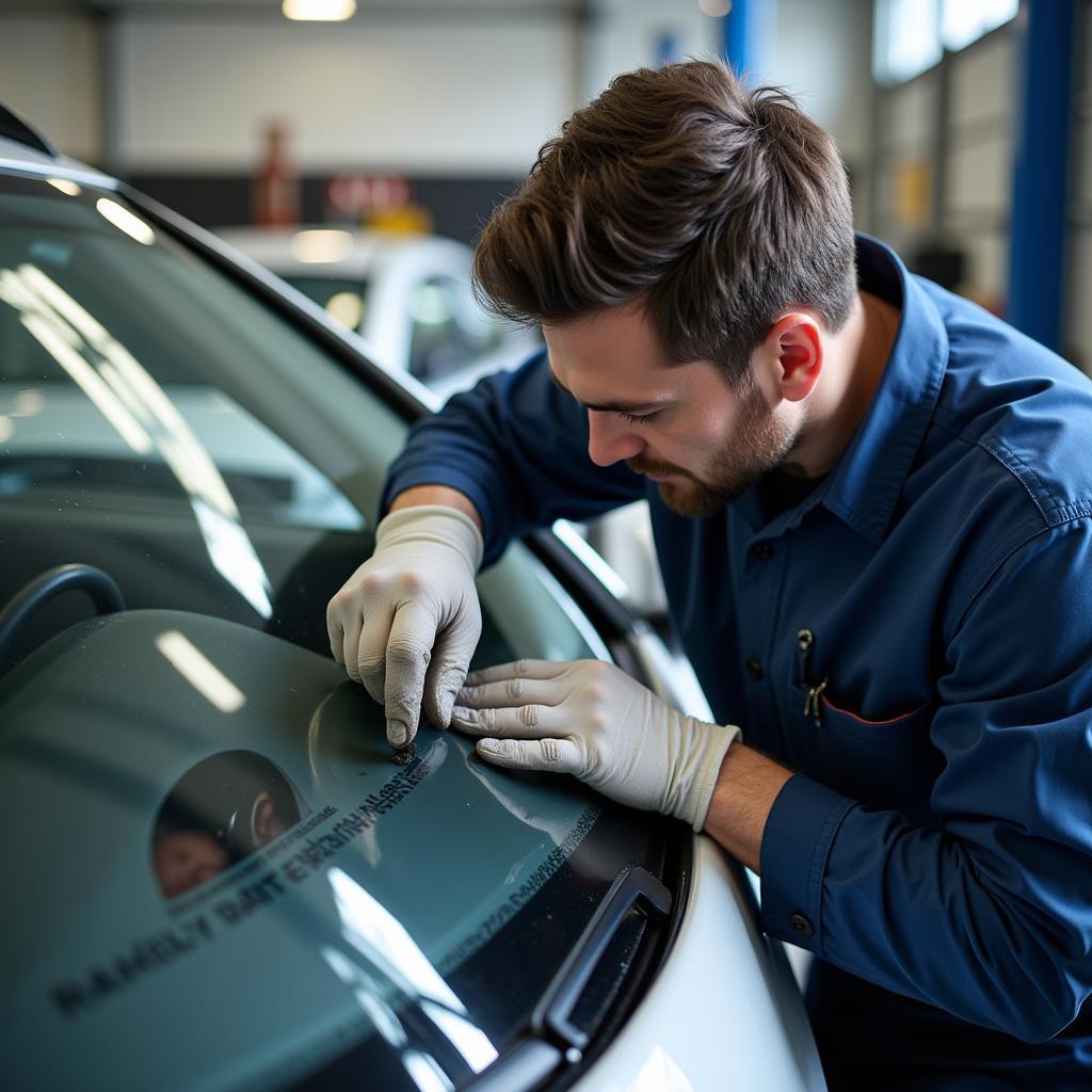  Car window repair technician working on a windshield