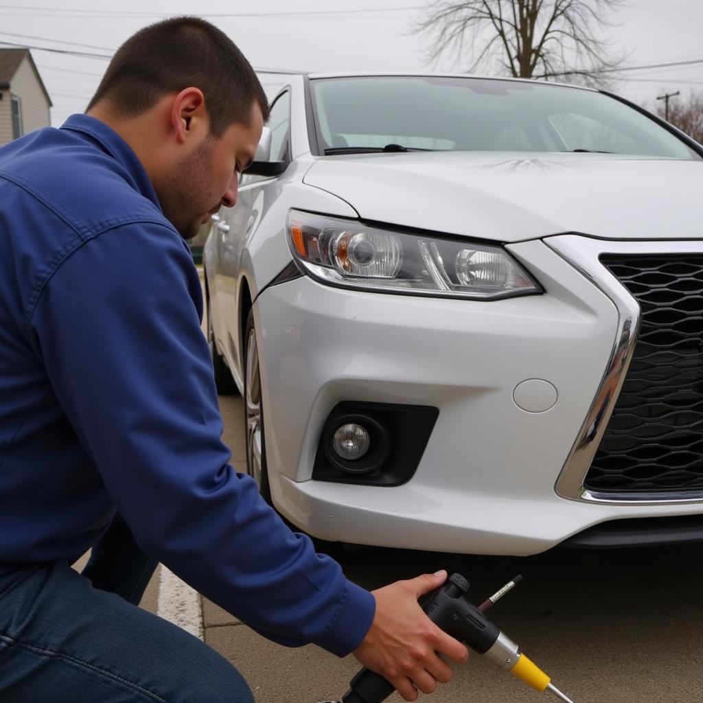 Mobile bumper repair technician working on a damaged car bumper