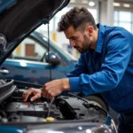 Mobile car electrical repair technician working on a car battery