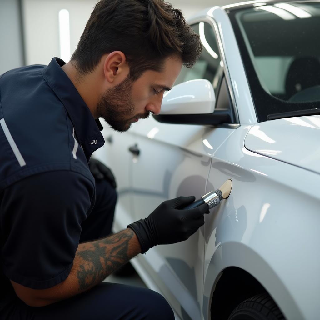 Mobile car paint repair professional working on a scratch