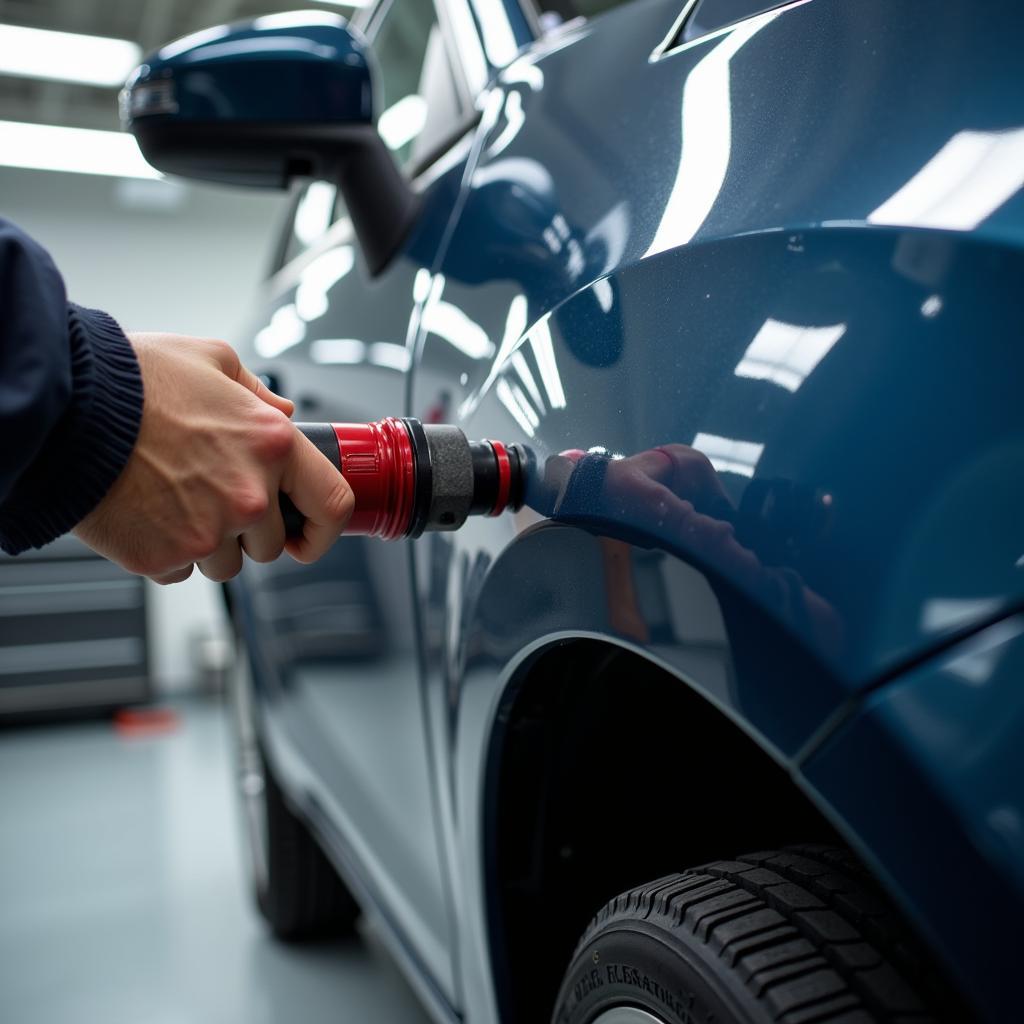 Technician color-matching paint for a car in Peterborough