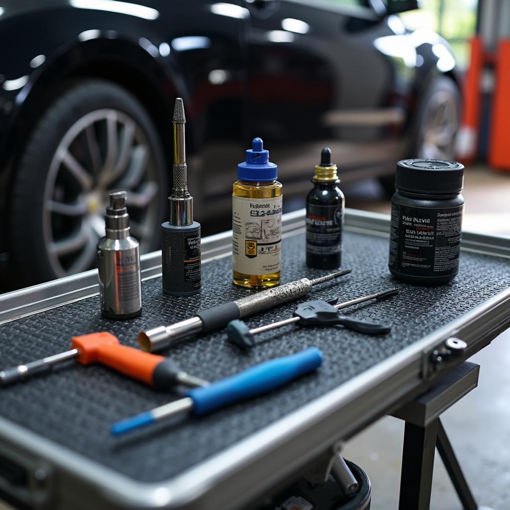 An array of tools used for mobile car paint repair.