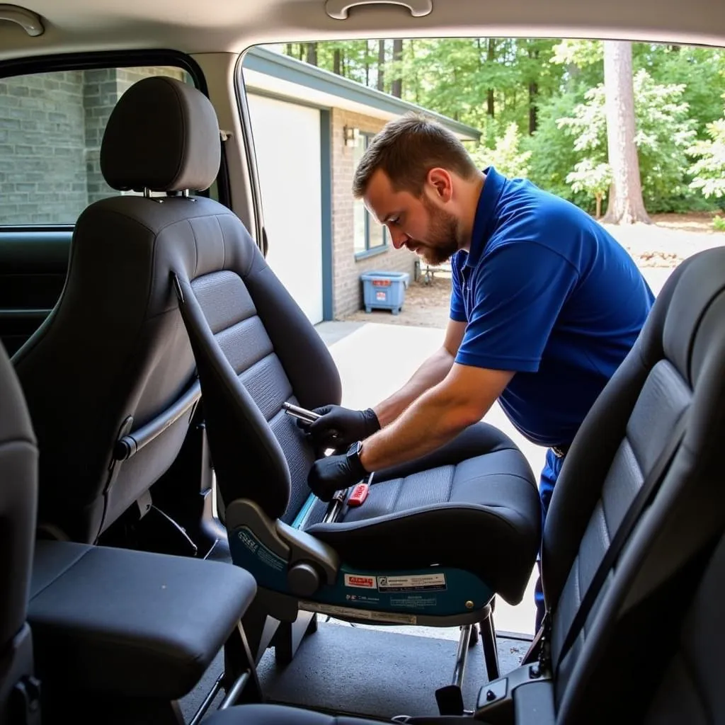 Mobile car seat repair technician working onsite