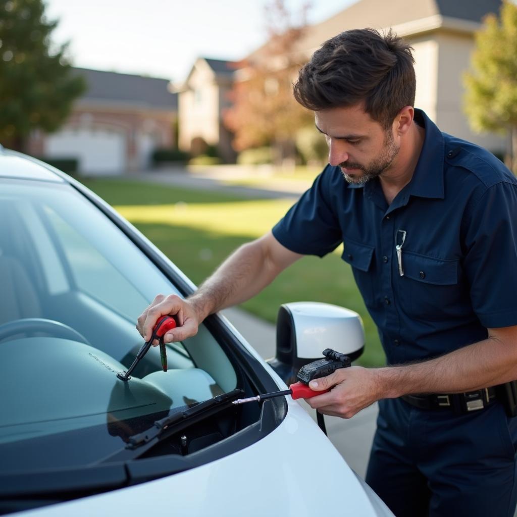 Mobile Car Window Repair Technician at Work