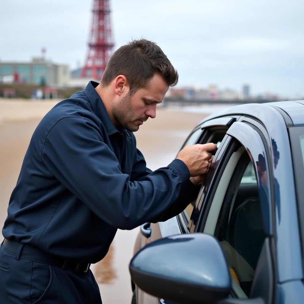 Technician Performing Mobile Car Window Repair in Blackpool