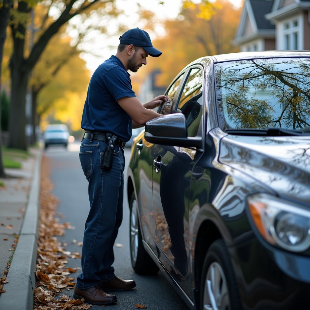 Technician replacing a car window at a customer's location in DC