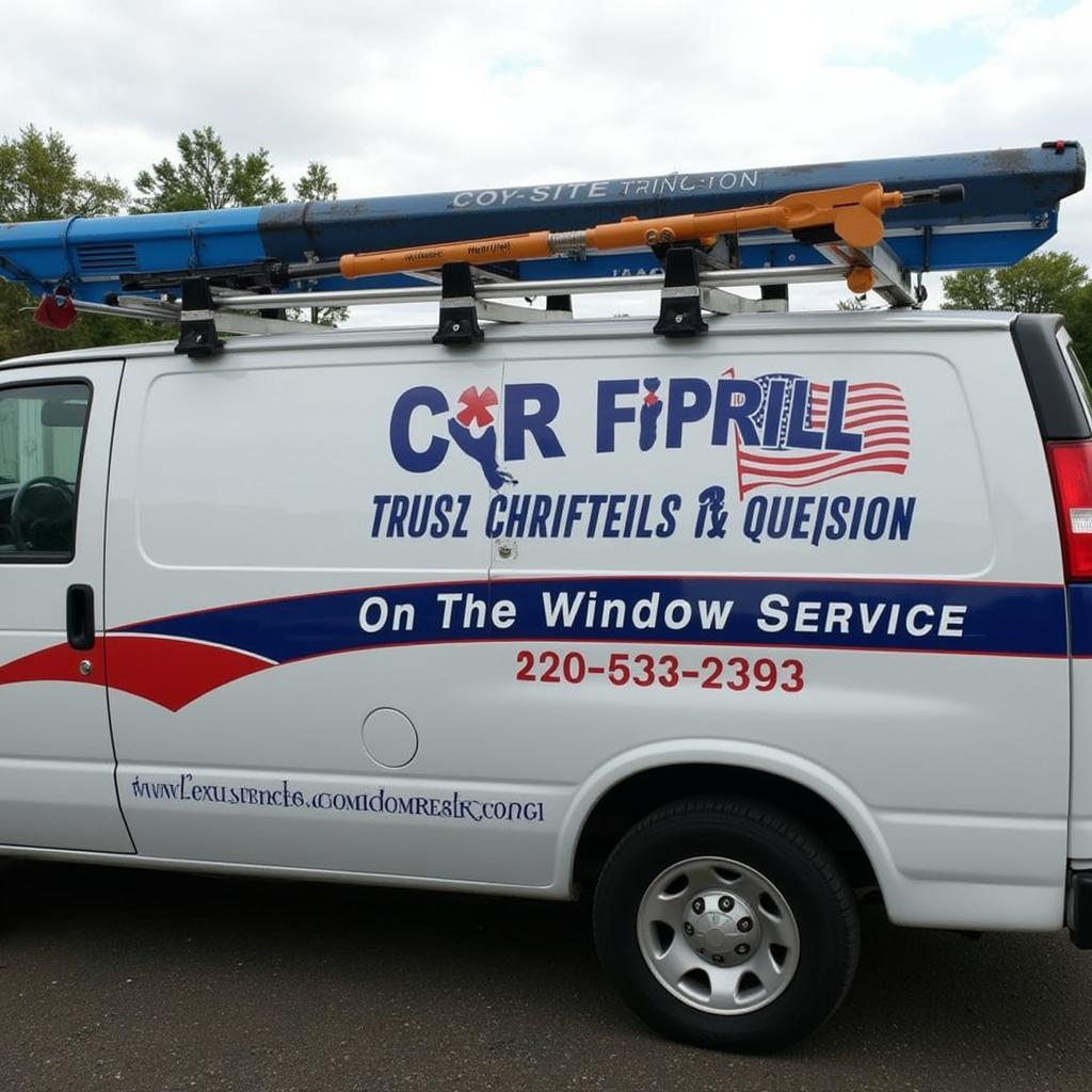 A mobile car window repair service van parked in a scenic location in Duncan, BC