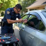 Mobile car window repair technician at work