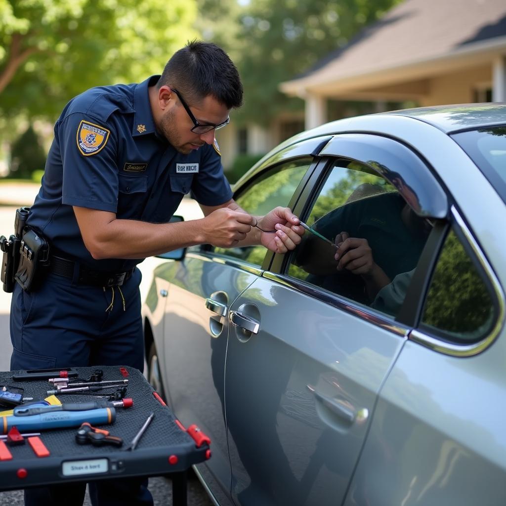 Mobile car window repair technician at work