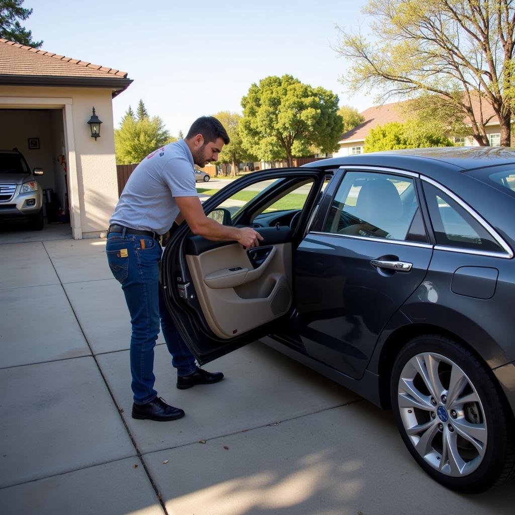 Mobile car window repair technician working on-site in Manteca, CA