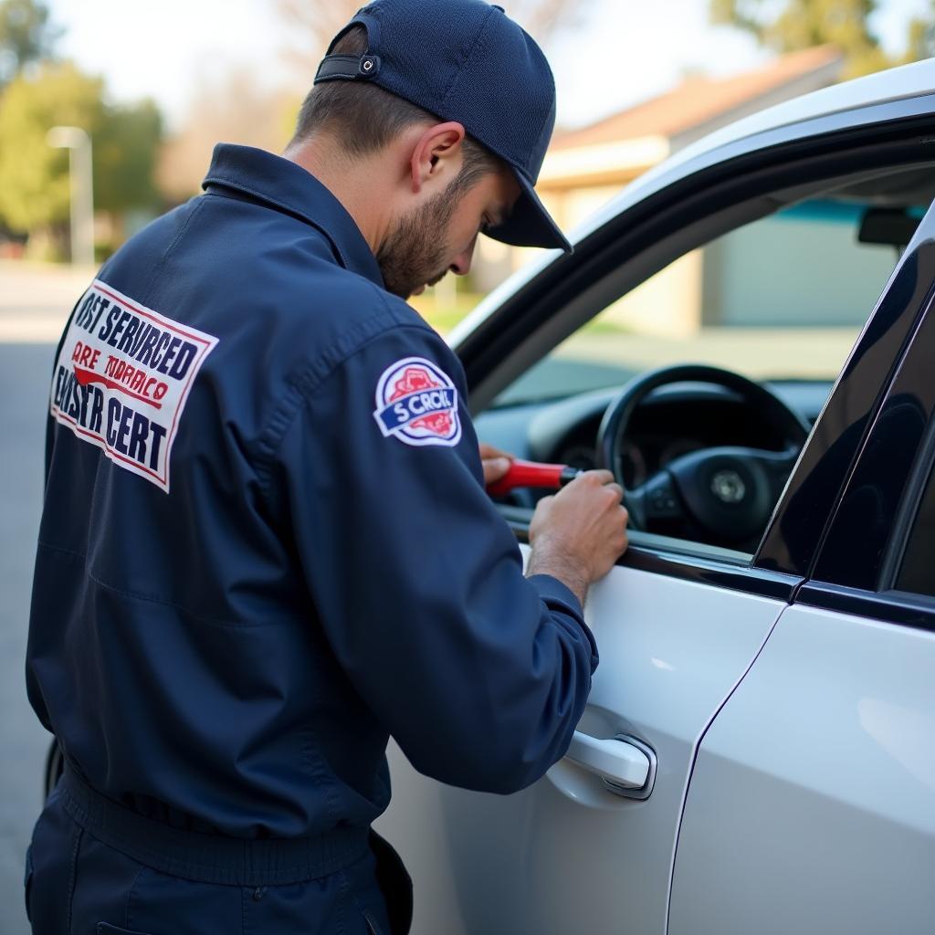 Technician performing mobile car window repair in Sanger, CA