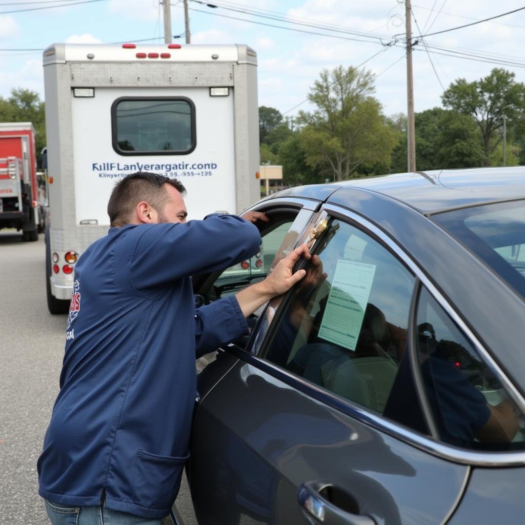 Technician performing mobile car window repair