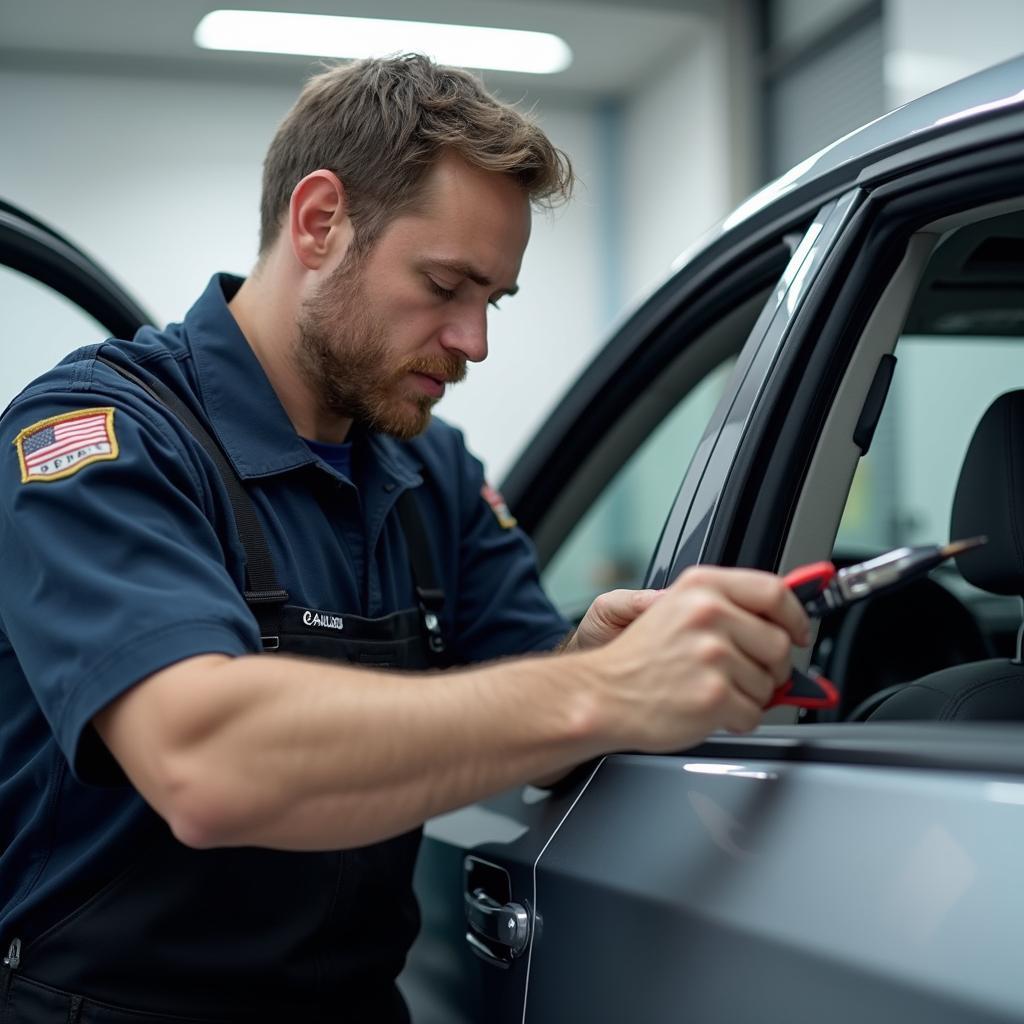 Mobile Car Window Repair Technician Working Onsite