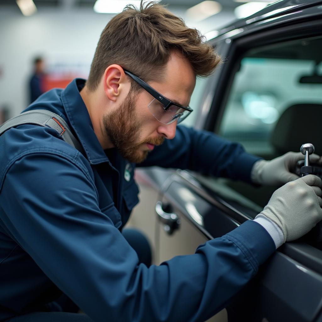 Technician Repairing Car Window On-Site