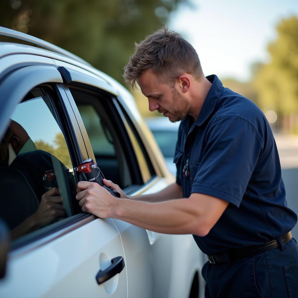 Mobile car window repair technician working on-site in Vista, California