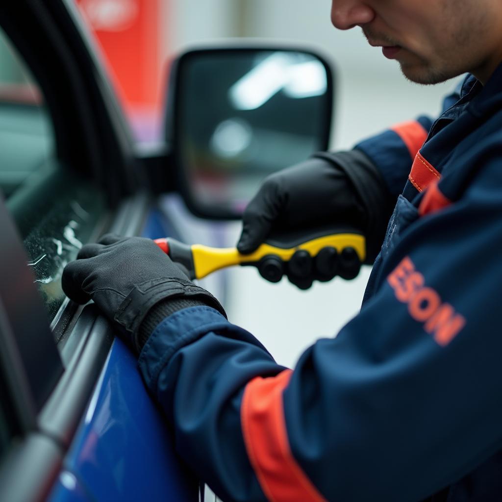 A mobile car window repair technician wearing a uniform and using specialized tools to repair a car window.