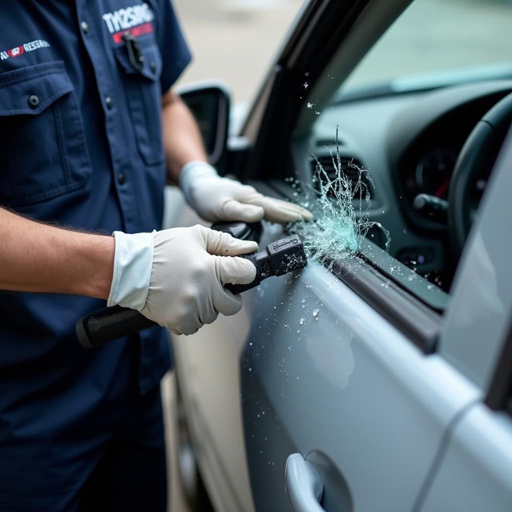 Mobile Car Window Repair Technician at Work