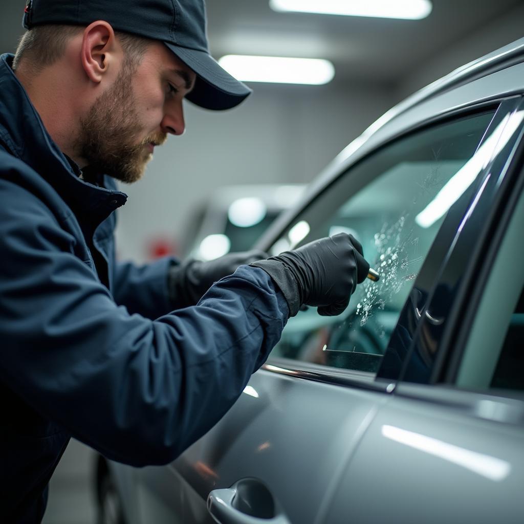 Mobile Car Window Repair Technician Working