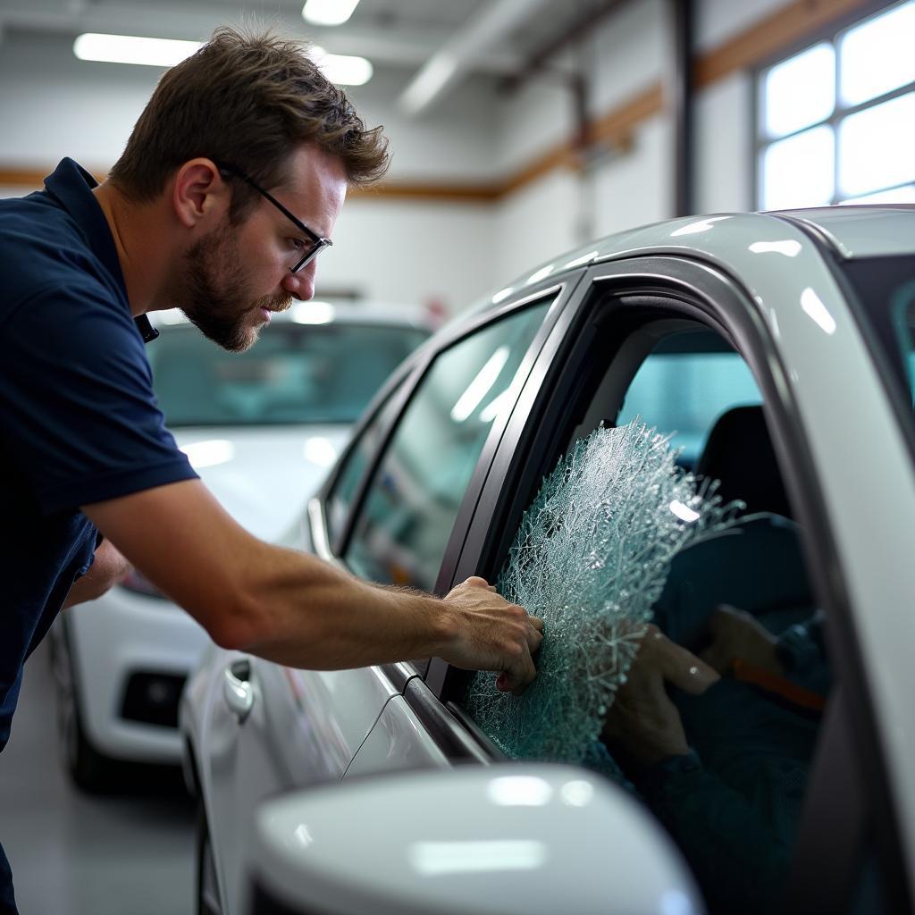 Mobile car window repair technician working on a damaged car window in York