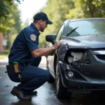 Technician Providing On-Site Car Damage Assessment