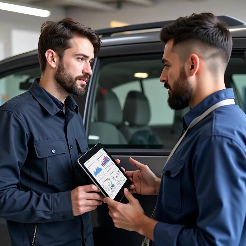 A mobile car repair technician explaining a repair to a driver