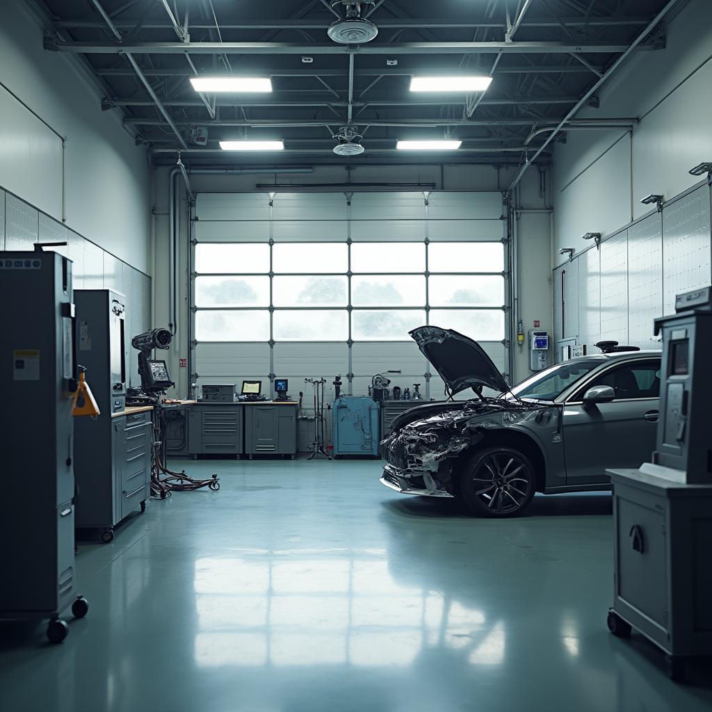 Modern car body repair equipment in a Helston shop