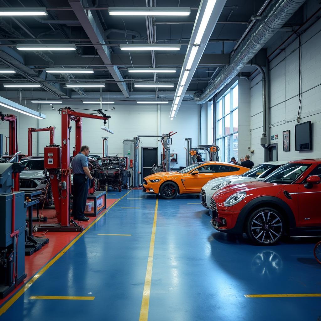 A bustling Car Body Repair Shop in Liverpool