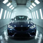 A car inside a modern, professional paint booth in Craigieburn undergoing the final stages of a high-quality paint job