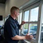 A brand new car window being installed on a vehicle at a repair shop in Hays, KS