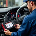 Mechanic using a multi car diagnostic machine