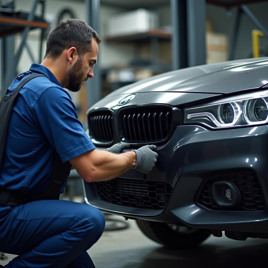 Mechanic installing new car bumper