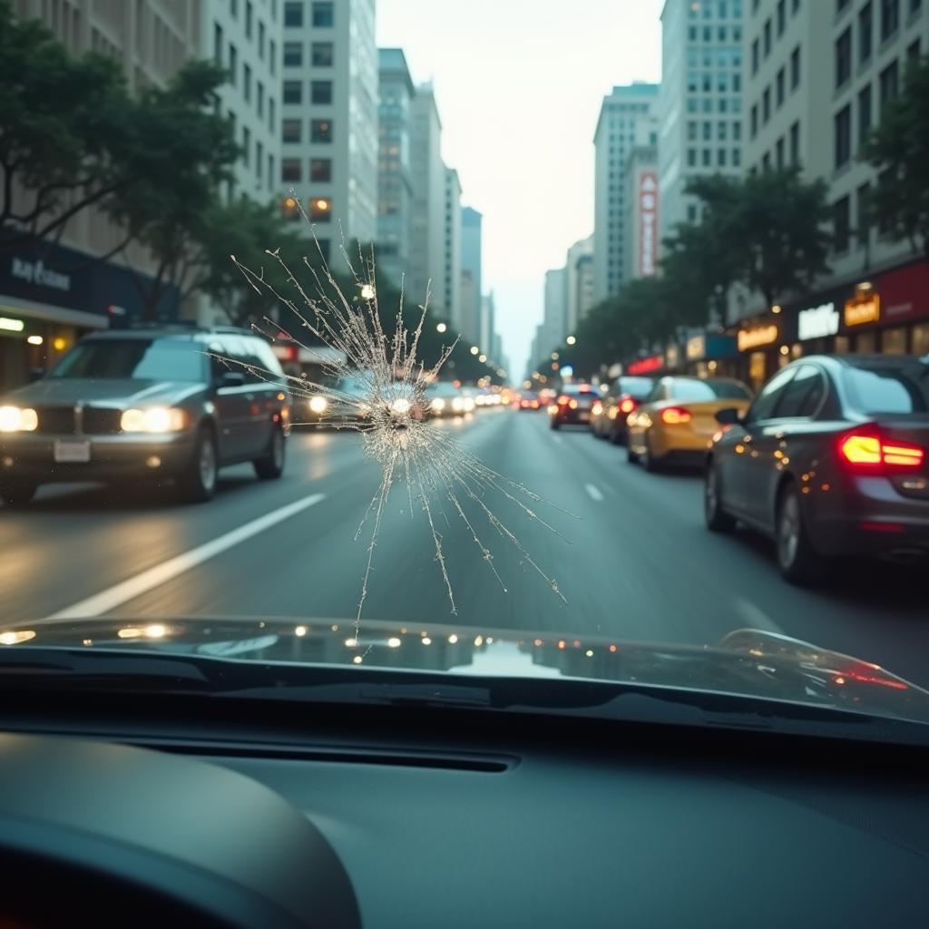 Car navigating New Orleans traffic with a cracked windshield