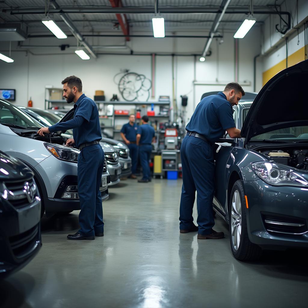 Car body repair shop in Newmarket with technicians working on a damaged vehicle