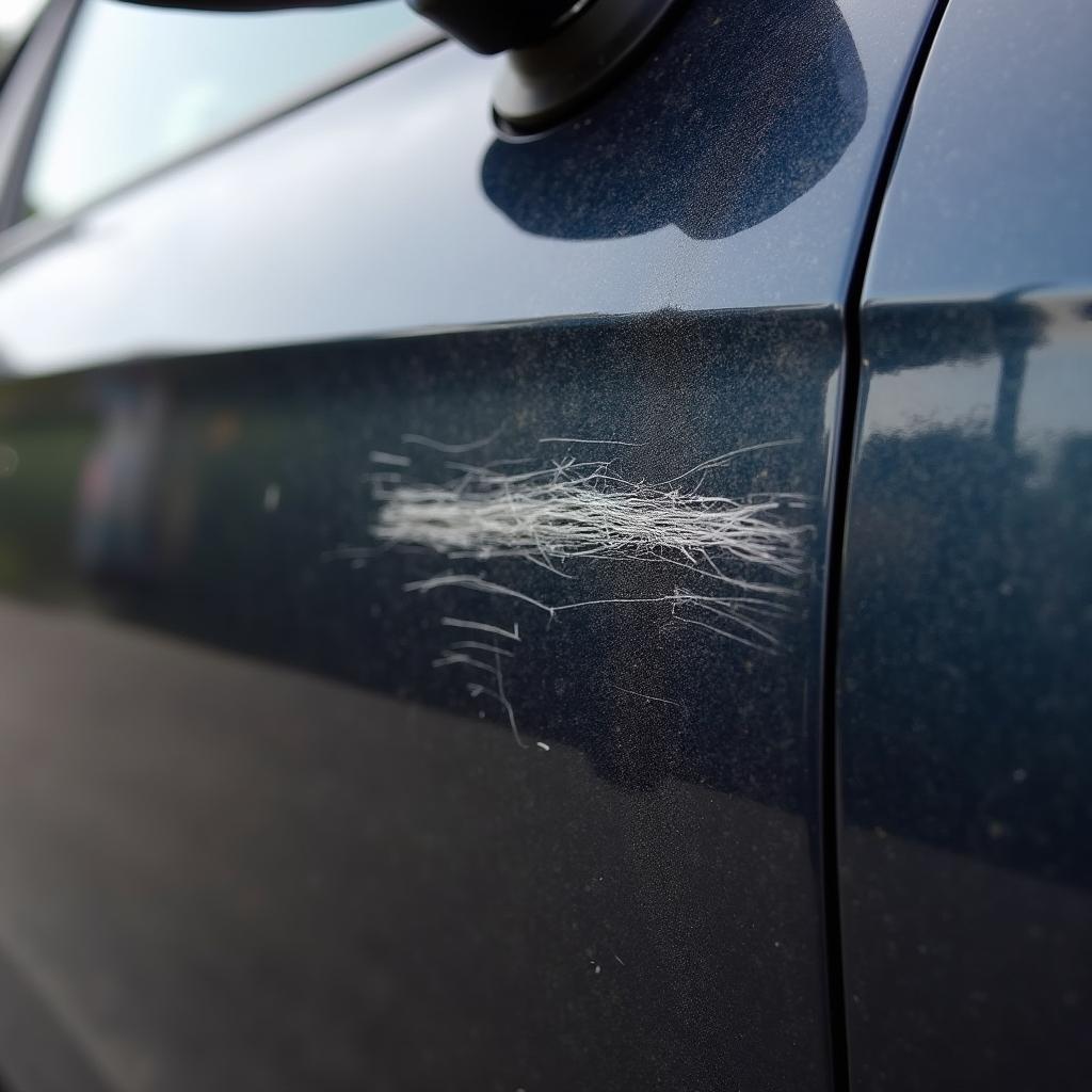 Close-up of keyed car damage