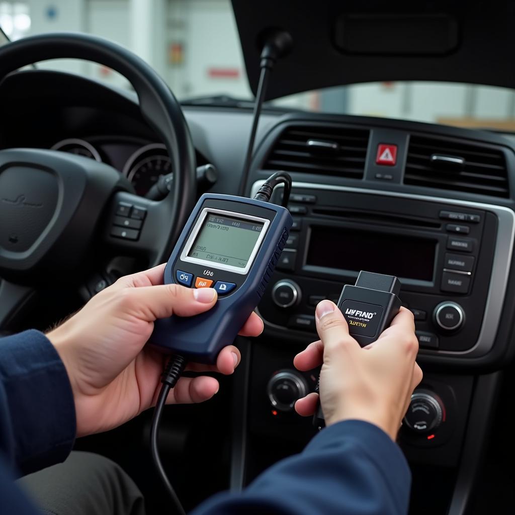 Mechanic Using OBD-II Scanner to Diagnose Car Emissions Problem