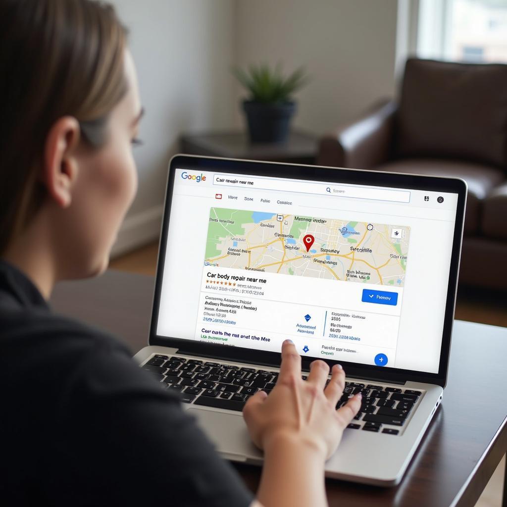 Person using a laptop to search for "car body repair near me" on Google Maps.