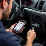 Mechanic using the P900 car diagnostic tool on a vehicle's engine.