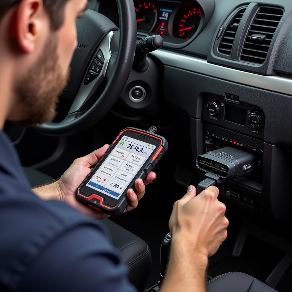 Mechanic using the P900 car diagnostic tool on a vehicle's engine.