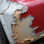 Car bumper with peeling paint due to various causes