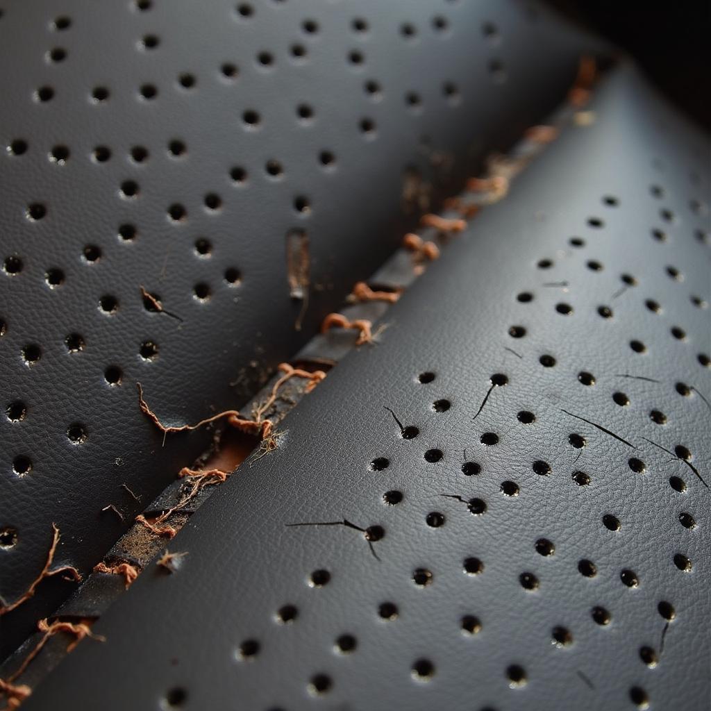 Perforated leather car seat with visible damage