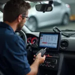 Skilled technician programming a Peugeot car key using specialized equipment