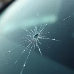 Close-up of a pinhead crack in a car windshield