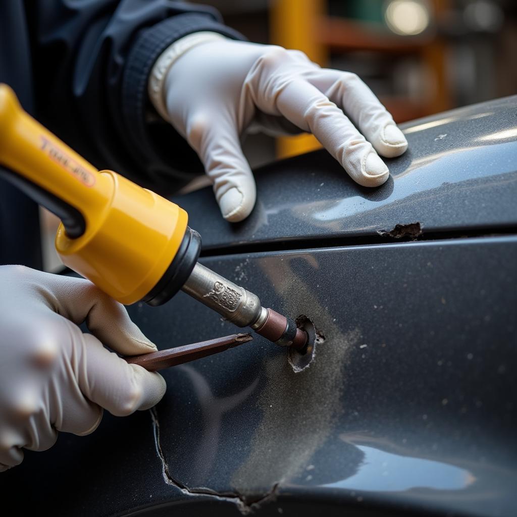 Applying plastic welding compound on a car bumper