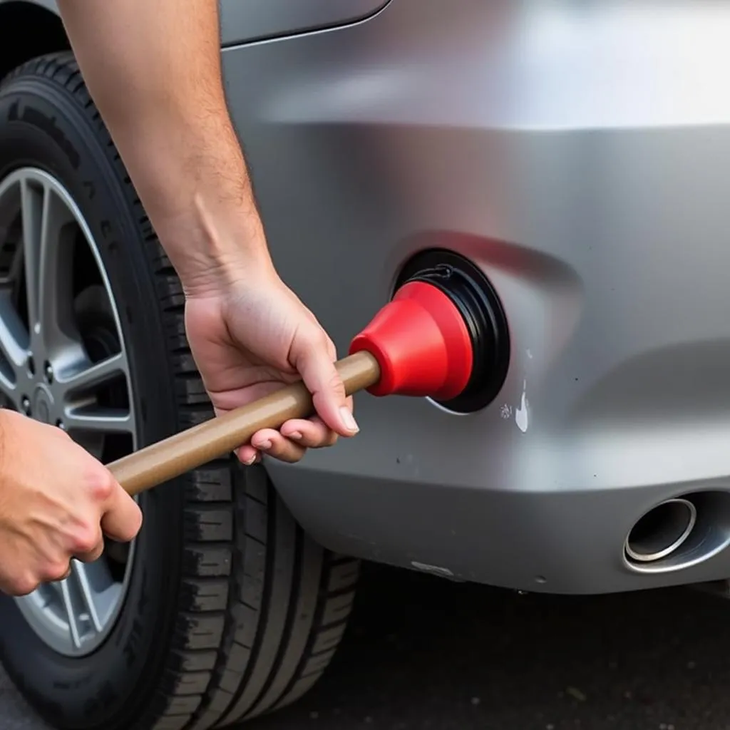 Using a plunger to fix a car bumper dent