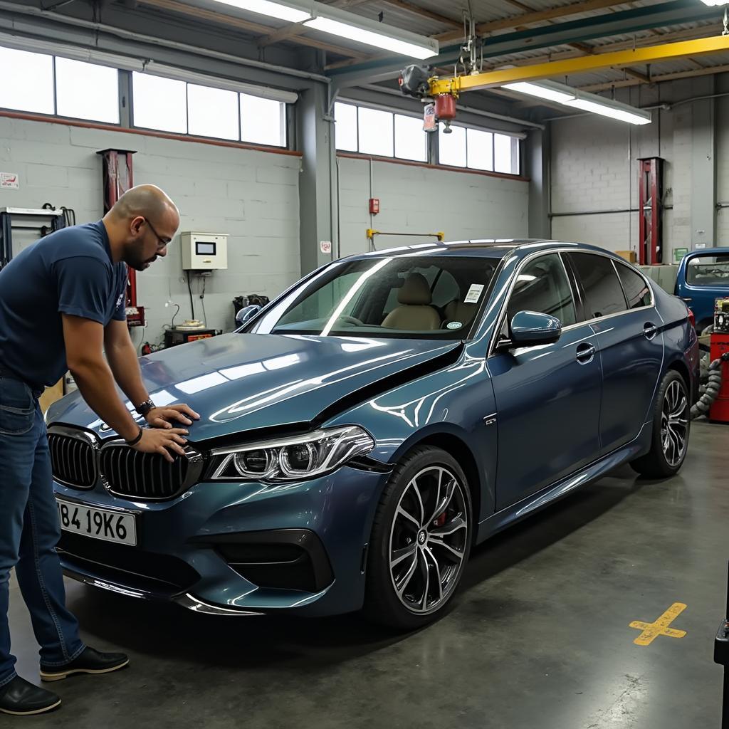  A car undergoing frame straightening in a Porthmadog car repair shop