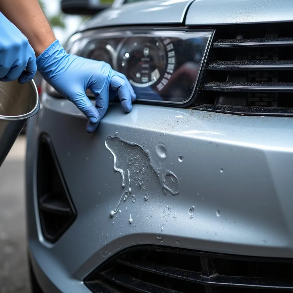 Pouring Hot Water on Dented Car Bumper