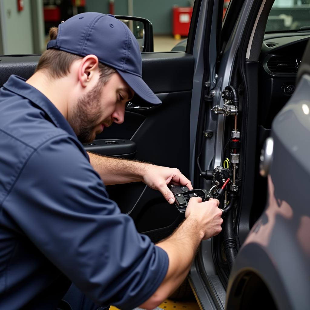 Mechanic repairing a car's power window mechanism