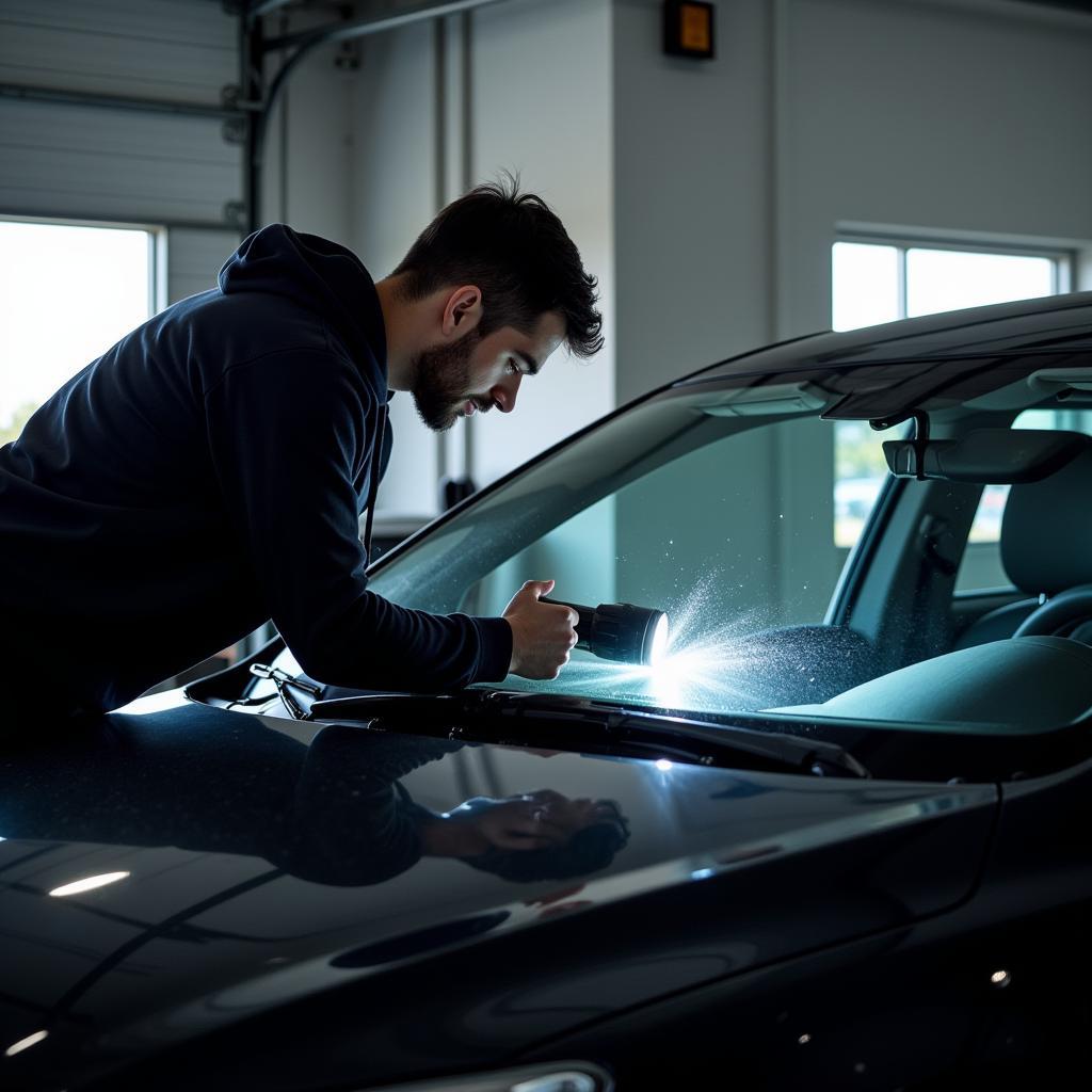 A car owner inspecting their windshield for chips and cracks in a well-lit garage in Houston.