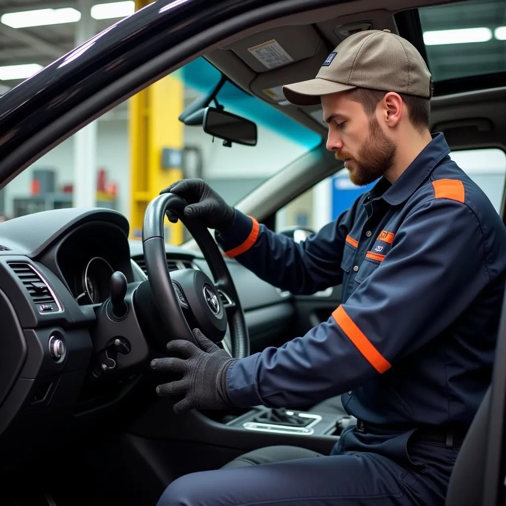 Mechanic performing professional airbag replacement in a workshop.