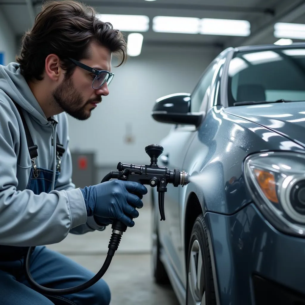 Professional applying a clear coat to a car